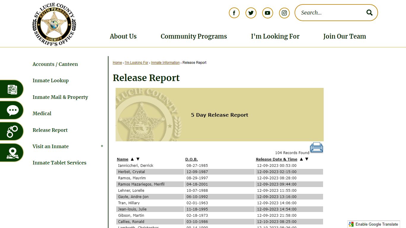 Release Report | St. Lucie Co Sheriff's Office, FL